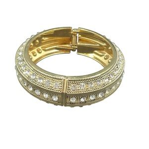 Elegant Gold and Crystal Thick Hinged Bangle Bracelet
